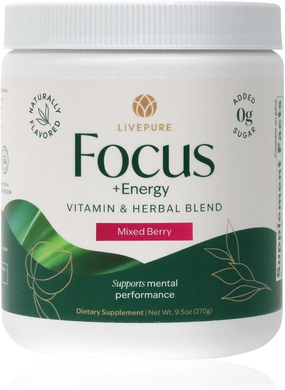 PURE Focus + Energy Tub Drink Mix | Natural Caffeine & Antioxidants from Botanicals | Supports Alertness, Clarity & Energy | Zero Sugar, No Artificial Sweeteners | 9.5 oz | Mixed Berry Flavo