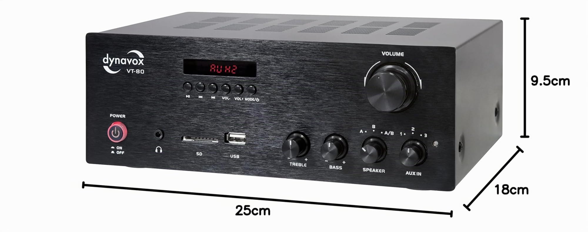 Dynavox VT-80 amplificatore stereo compatto, terminali di connessione a vite per 4 altoparlanti, telecomando solo per ingressi digitali (USB, scheda SD), antenna BT integrata, nero