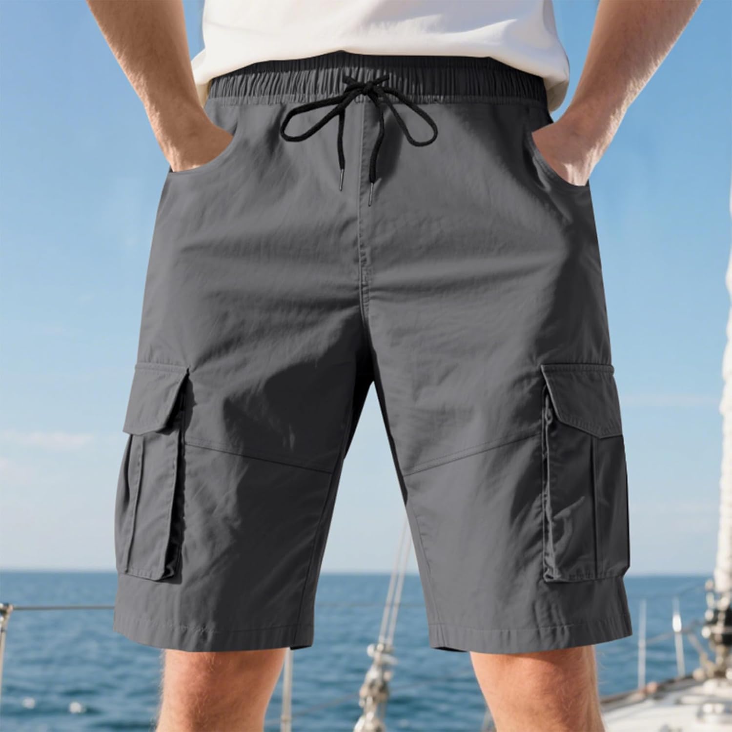 Men's Classic Cargo Shorts Casual Drawstring Elastic Waist Work Short with Multi Pockets Camping Outfits