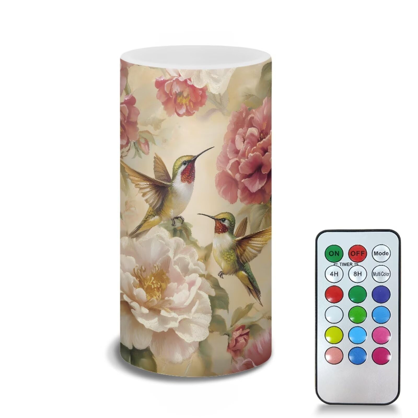 Poceacles Retro Floral Hummingbird Candle Electric LED Lights with Dancing Flame Timer Remote Color Lights, 3 AAA Batteries Operated (Not Include) Vintage Tealight for Home Indoor Decor