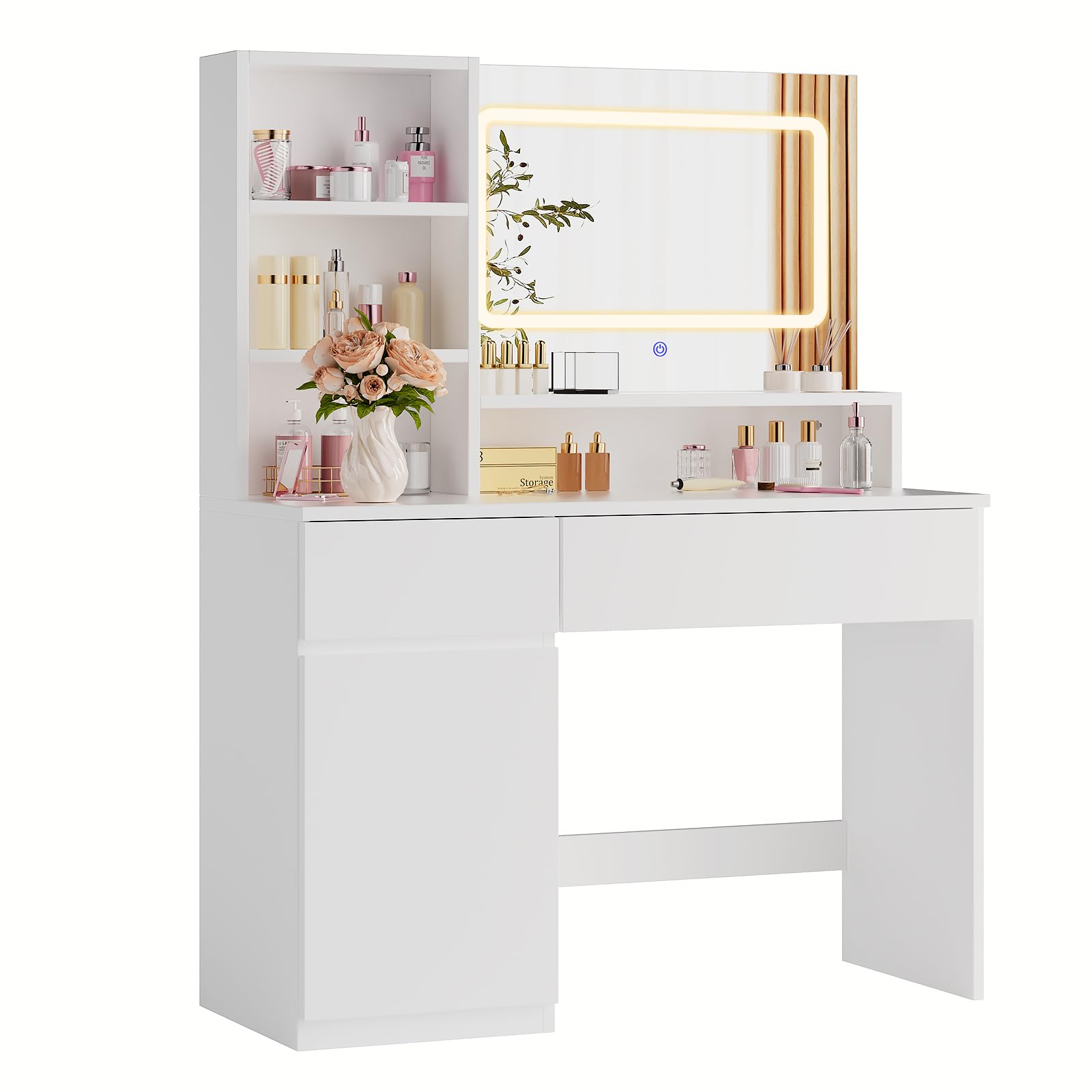 Toeletta Trucco Con Luci LED - Tavolo Con Specchio, 2 Cassetti E Ripiani Regolabili, Colore Bianco - Foto 2