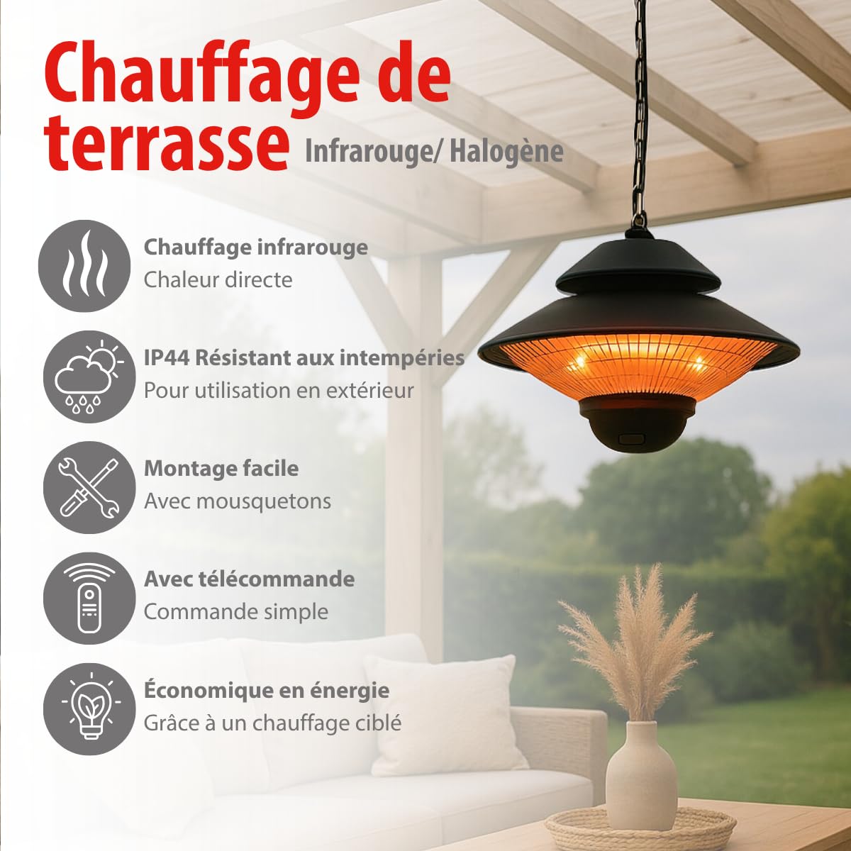 alpina Chauffage Extérieur Terrasse 1500W – Chauffage Électrique Suspendu Rond Infrarouge avec Télécommande – Radiateur de Terrasse Intérieur/Extérieur, Noir