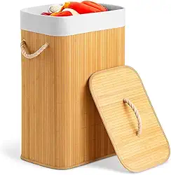 Cesto de Bambu Claro com Tampa e Forro Removível Dobrável 72L para Roupas Sujas Lavanderia Bege