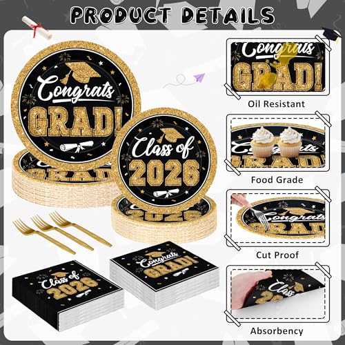 Image of QZYL 200Pcs Graduation Party Supplies 2026, Black and Gold Graduation Plates and Napkins, Disposable Grad Dessert Plates and Plastic Forks, Graduation Party Tableware for 50 Guests