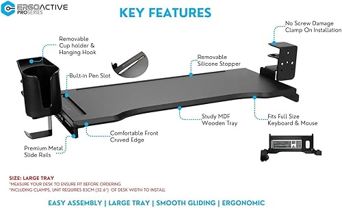 Miniatura 5 de ErgoActive Bandeja de madera MDF para teclado debajo del escritorio con soporte para tazas, abrazadera fácil de instalar, incluye alfombrilla para