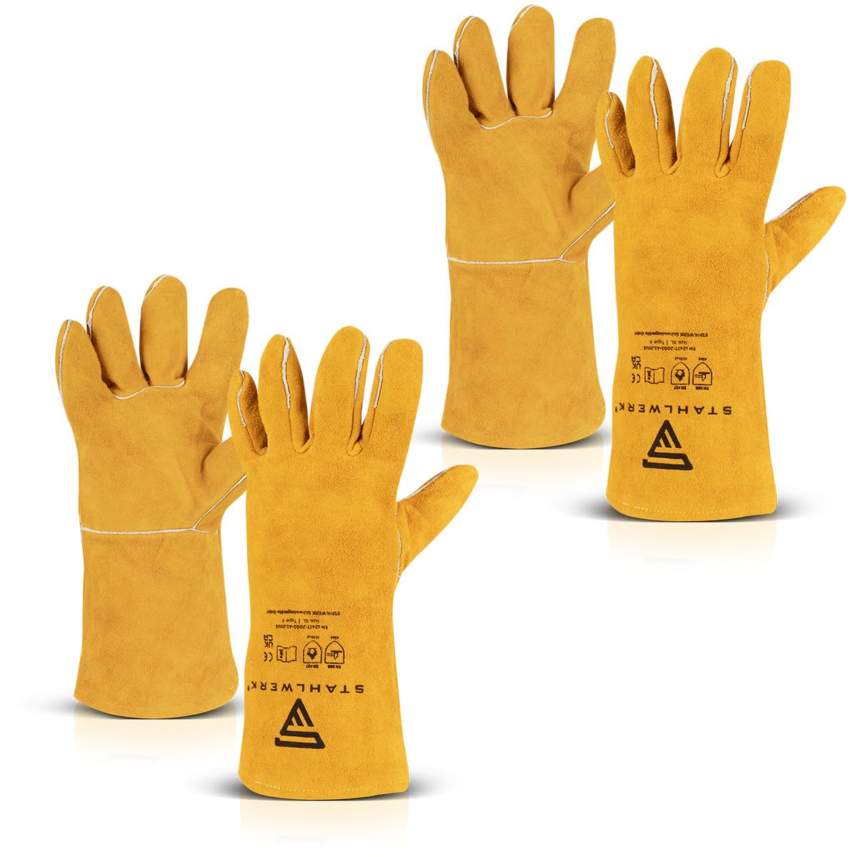 STAHLWERK Schweißerhandschuhe Echtleder 2 Paar – Hitze- & feuerbeständige Schweißhandschuhe für Schweißen & Plasma mit Unterarmschutz, hohe thermische & mechanische Belastbarkeit, Einheitsgröße (35cm)
