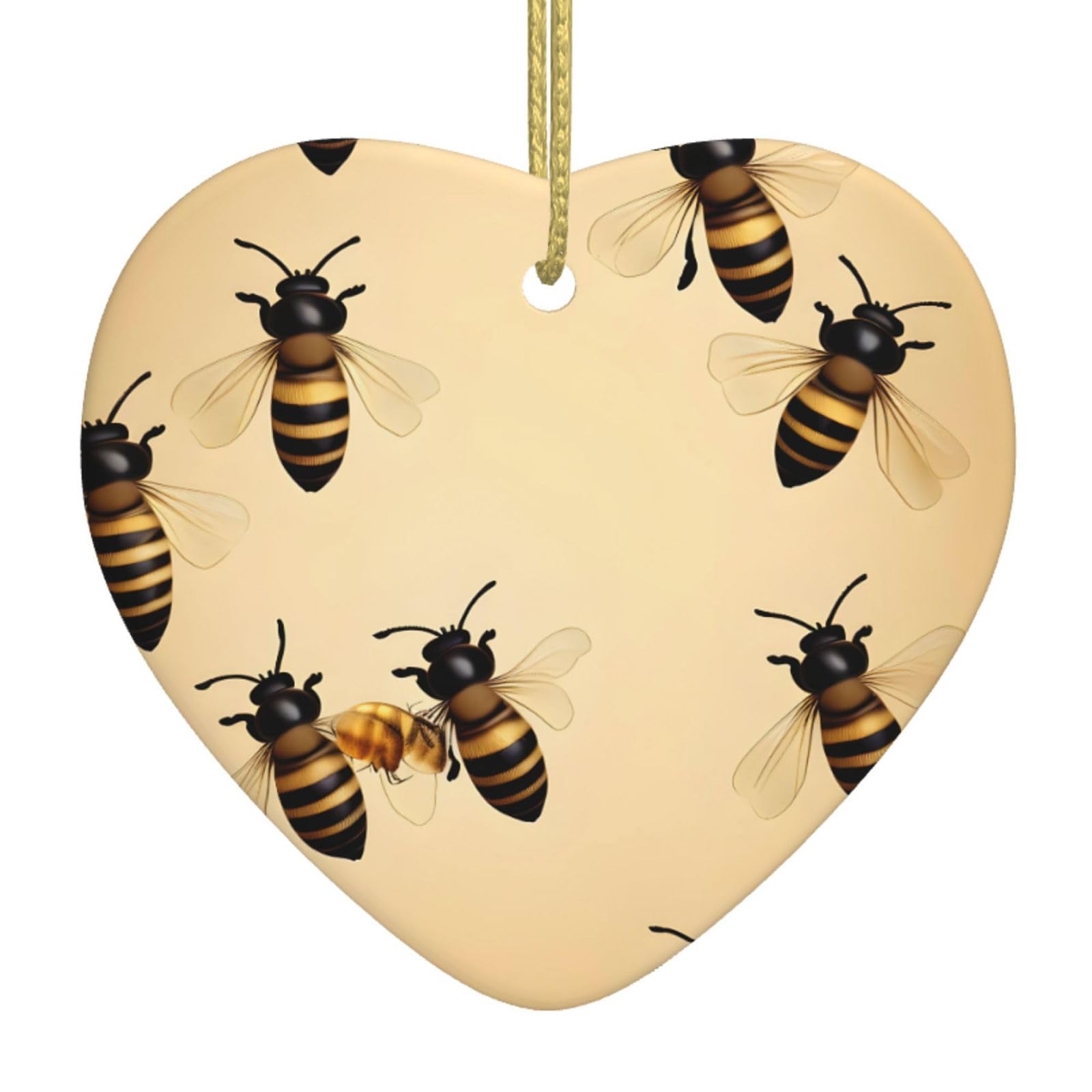Nbtghga White Honey Bee Print Christmas Ornaments, Ceramic Hanging Ornament, Xmas Tree Decoration, Holiday Home Decor