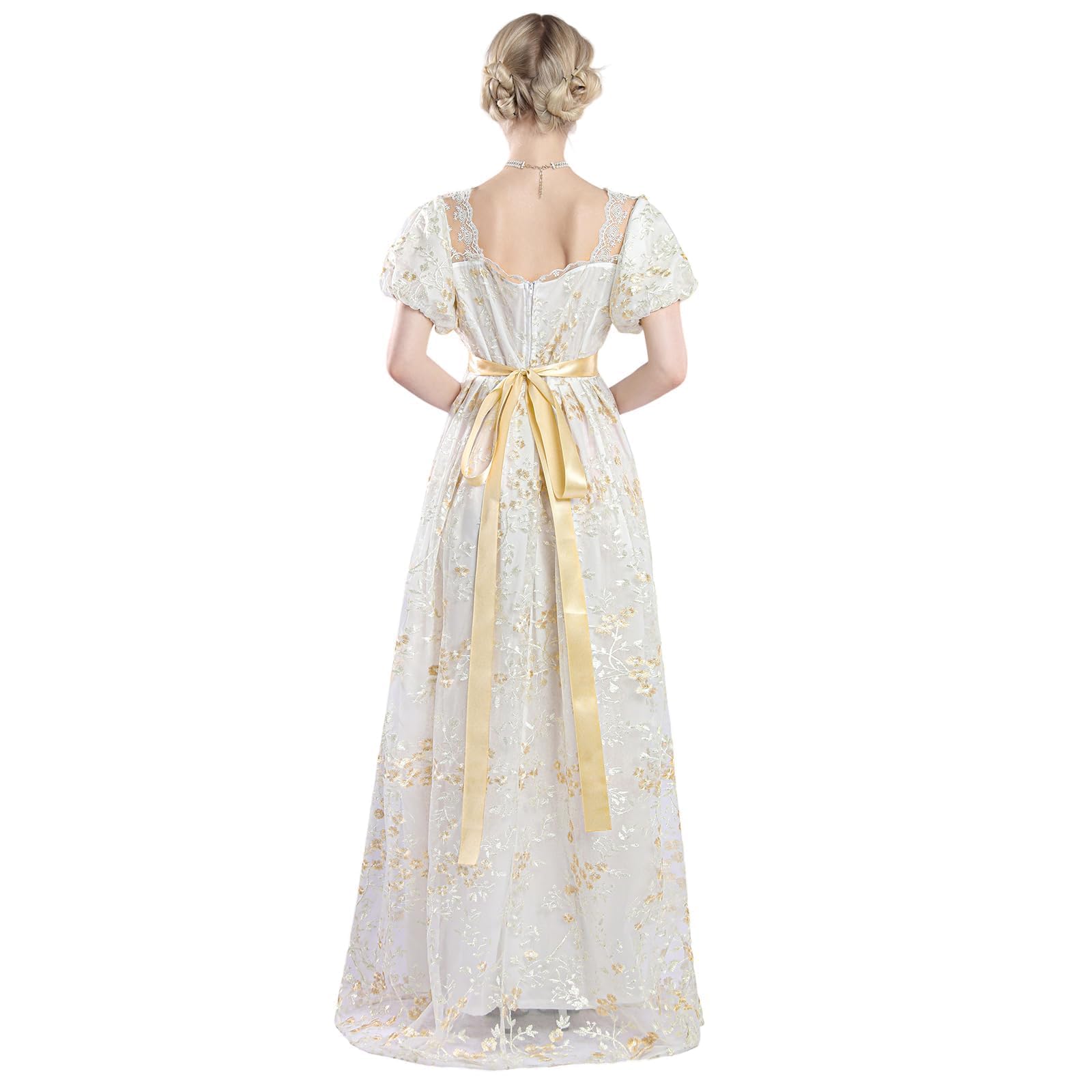 LTAKK Vestidos Regency para mujer, mangas abombadas con faja, vestido largo floral, cintura imperio, vestido renacentista, elegante, maxi para bodas, galas, vestidos de fiesta de té para mujer