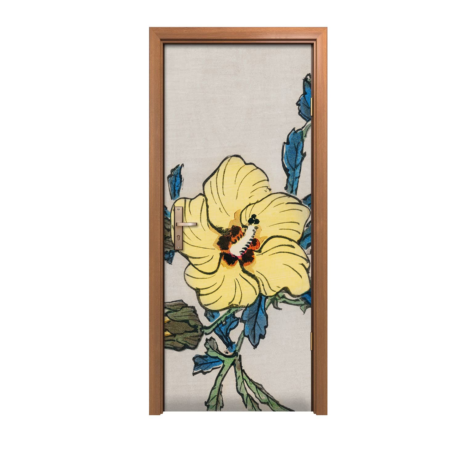 Autocollant de porte pour rénover une entrée usée motif fleurs asiatiques 90x200