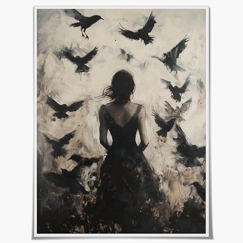 Gothic Crow Wall Art Dark Woman Silhouette with Ravens Wall