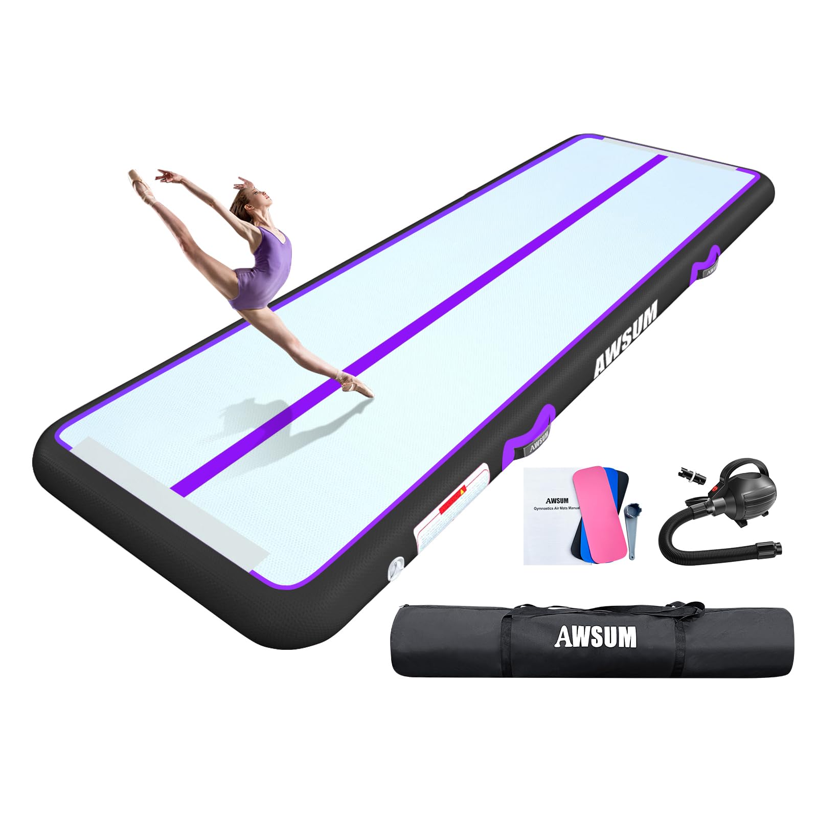 AWSUM Tappetino da Ginnastica Gonfiabile, 2/3/4/5/6m Air Tumbling Track Ginnastica Artistica 10/20 cm, Air Materassino da Fitness Yoga Taekwondo per Casa, Campeggio