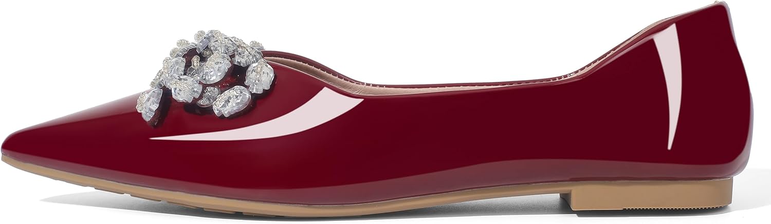 Flats for Women Comfortable Leather Pointed Toe Ballerina Shoes Rhinestone Bow Comfort Slip On Flats Light Weight Dress Shoes Wine Red-9.5 - Image 4