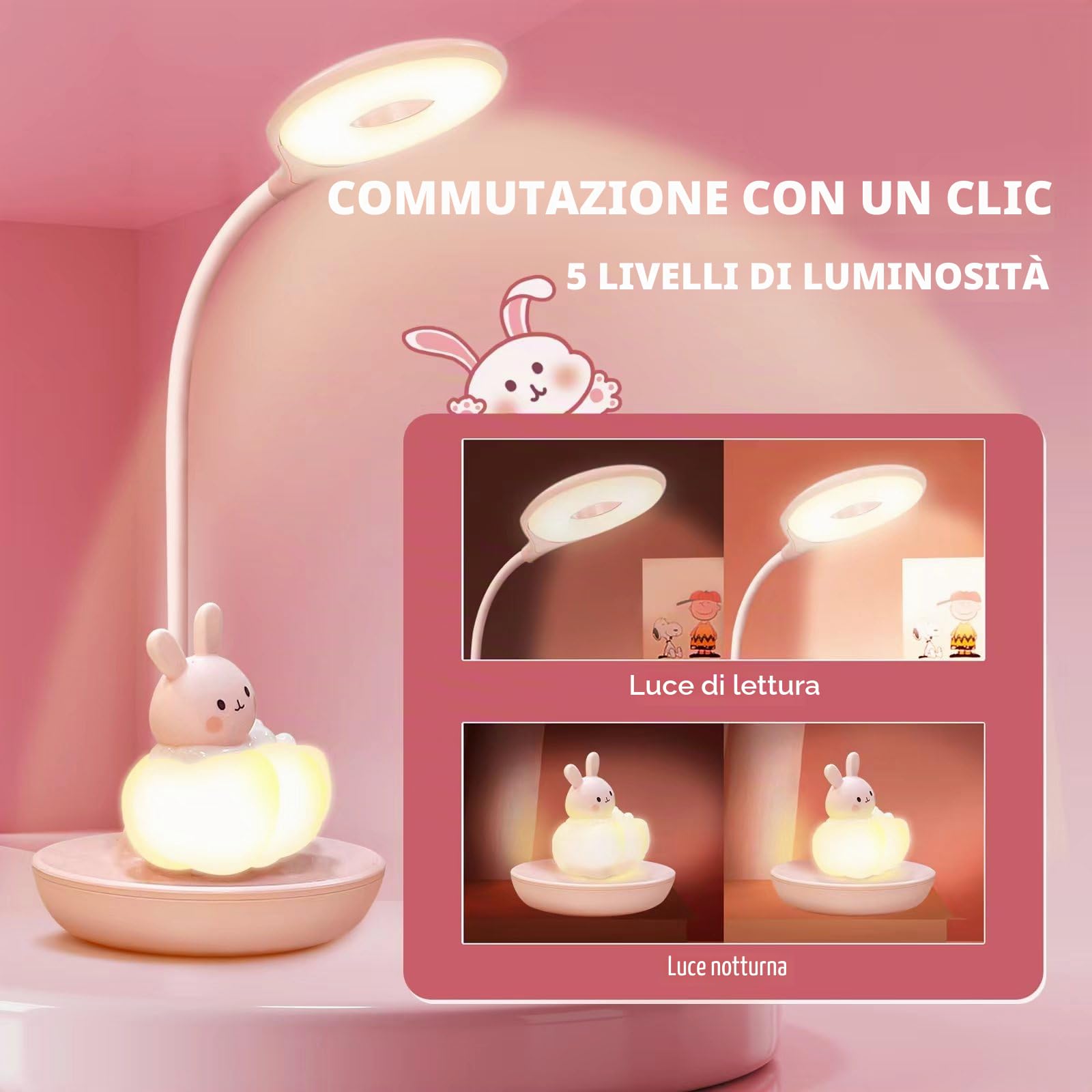 Lampada da Scrivania Bambina, Led Lampada da Tavolo 5 Luminosità 3 Modalità, Lampada Lettura Bambini Ricaricabile, Luce da Tavolo Bambini Senza Fili, Lampada da Scrivania Ragazza, Coniglio Rosa