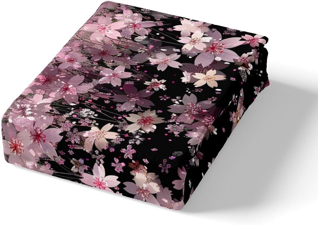 Feelyou Cherry Blossoms Bedding Set King Size Kids Sakura Flower Comforter Cover Set for Boys Girls Teens Romantic Floral Botanical Duvet Cover Pink Black Bedspread Cover Room Decor