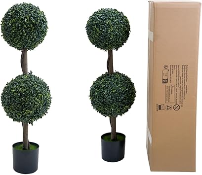 Artificial Topiary Ball Trees 35 Inch, Fake Greenery Milan Grass Ball Tree for Front Porch, Indoor Walkway, Entryway, Set of 2