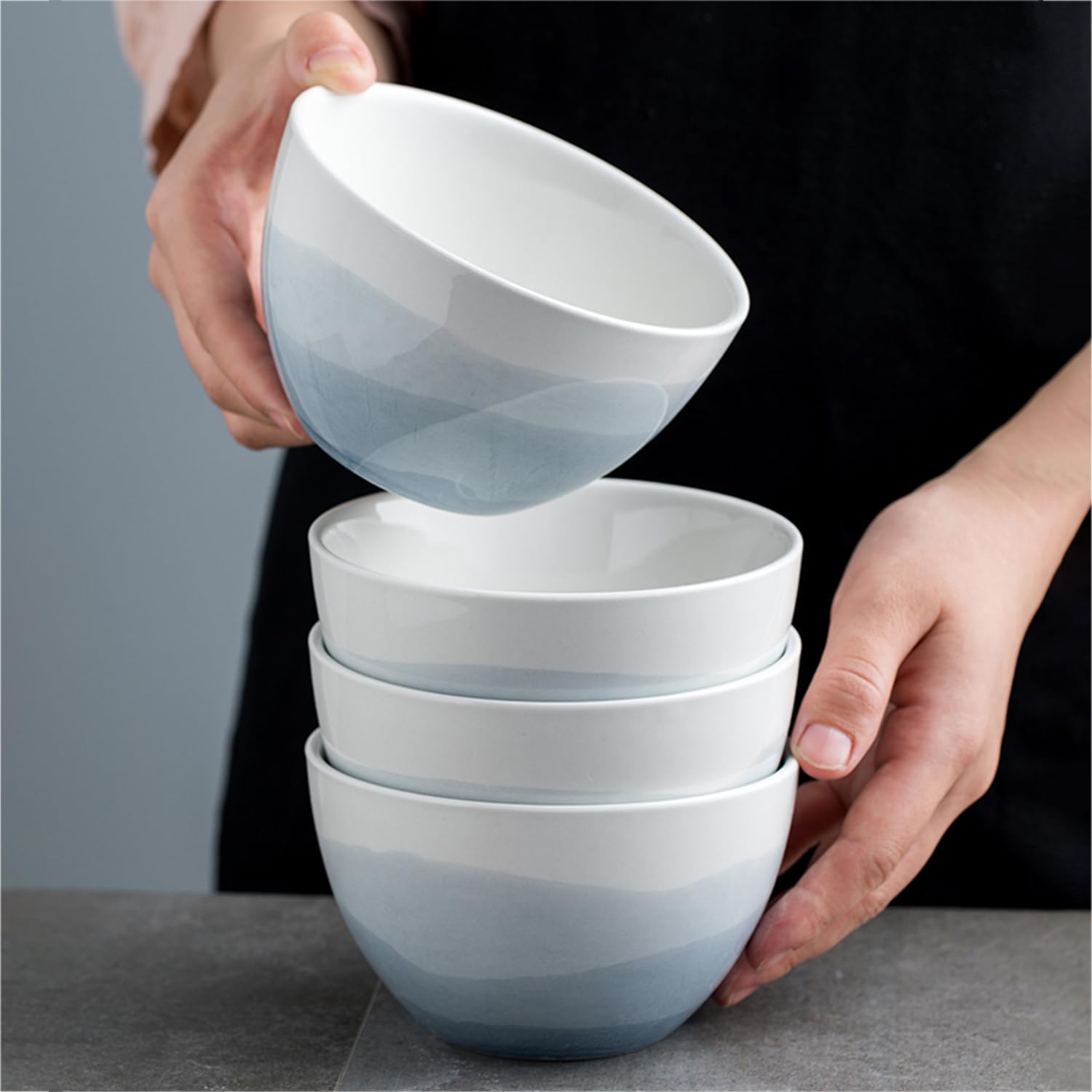 Großes Müslischüssel-Set, 400 ml, Suppenschüsseln, mikrowellengeeignet, Reisschalen, Frühstücksschalen, Keramik-Müslischalen (weiß und blau, 4 Stück)