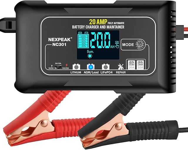20-Amp Car Battery Charger, 12V and 24V Smart Fully Automatic Battery Charger Maintainer Trickle Charger w/ Temperature Compensation for Car Truck Lawn Mower Boat Lead Acid Lithium LiFePO4 Batteries