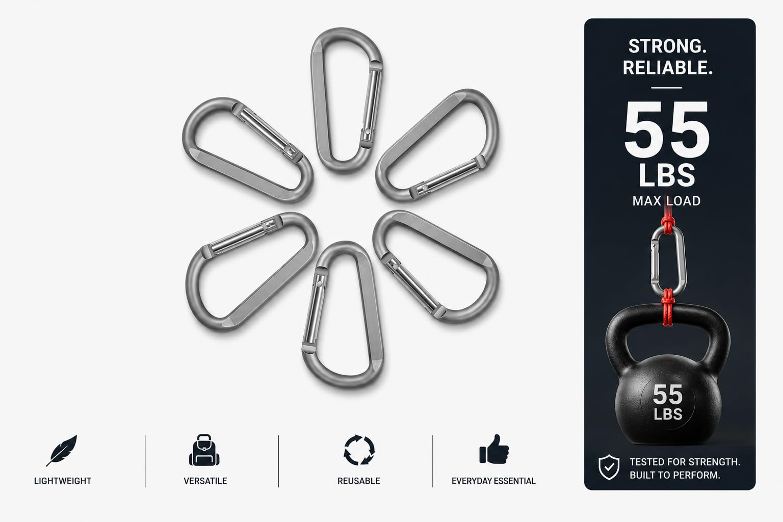 Lot de 6 mousquetons en Forme de D en Aluminium de 7,6 cm avec 6 Crochets Porte-clés