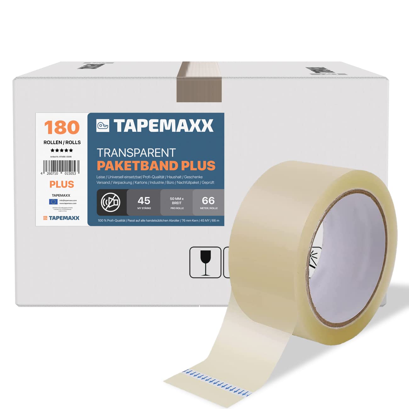 FYBR TAPEMAXX PLUS 180 Rollen starkes transparentes Paketklebeband leise Paketband Packband Packing Tape Klebeband Verpackungsband 48mm x 66m klar