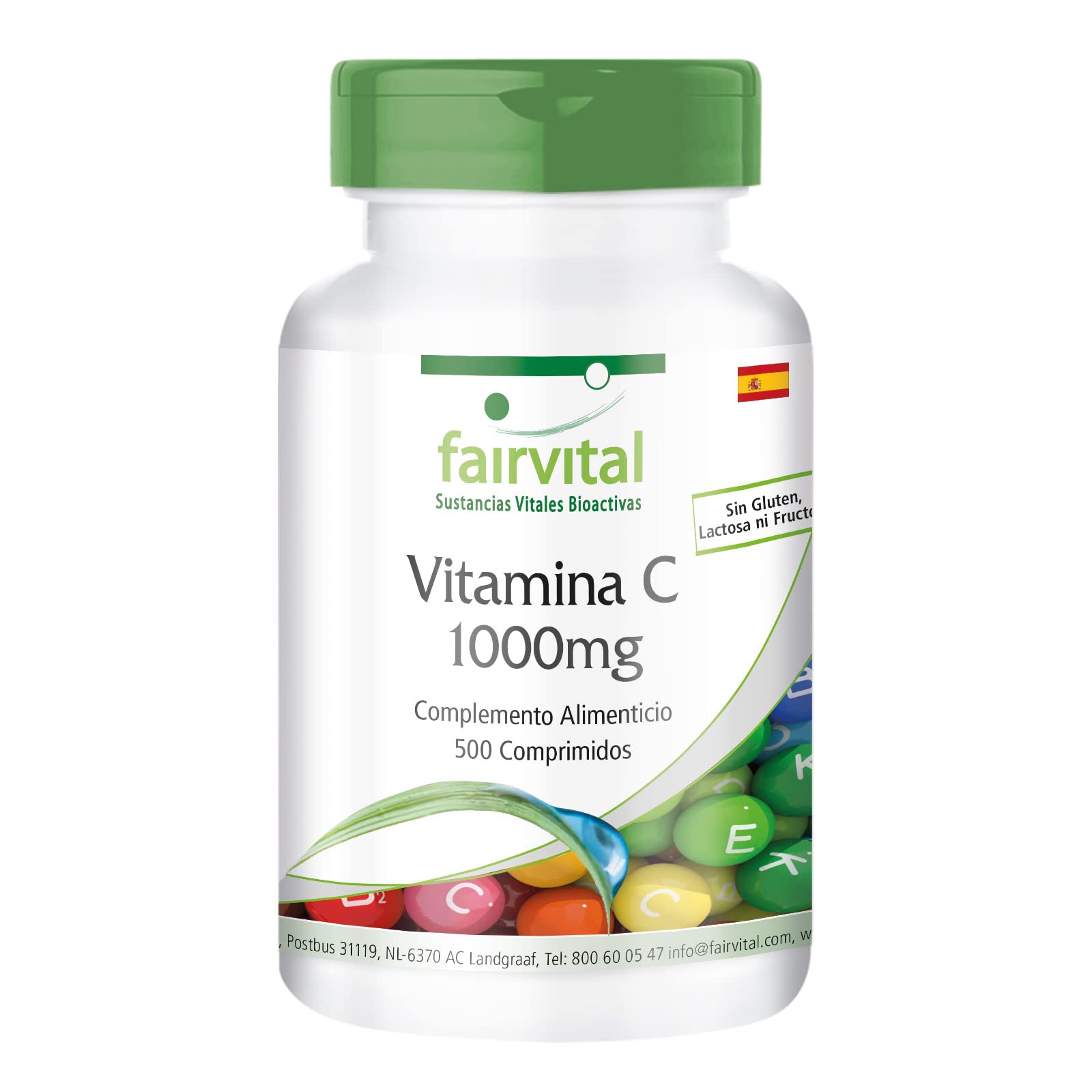 fairvital Vitamina C 1000mg, 500 comprimidos, alta dosis y con escaramujo, VEGANA, fácil de tragar y suave para el estómago, ENVASE GRANDE