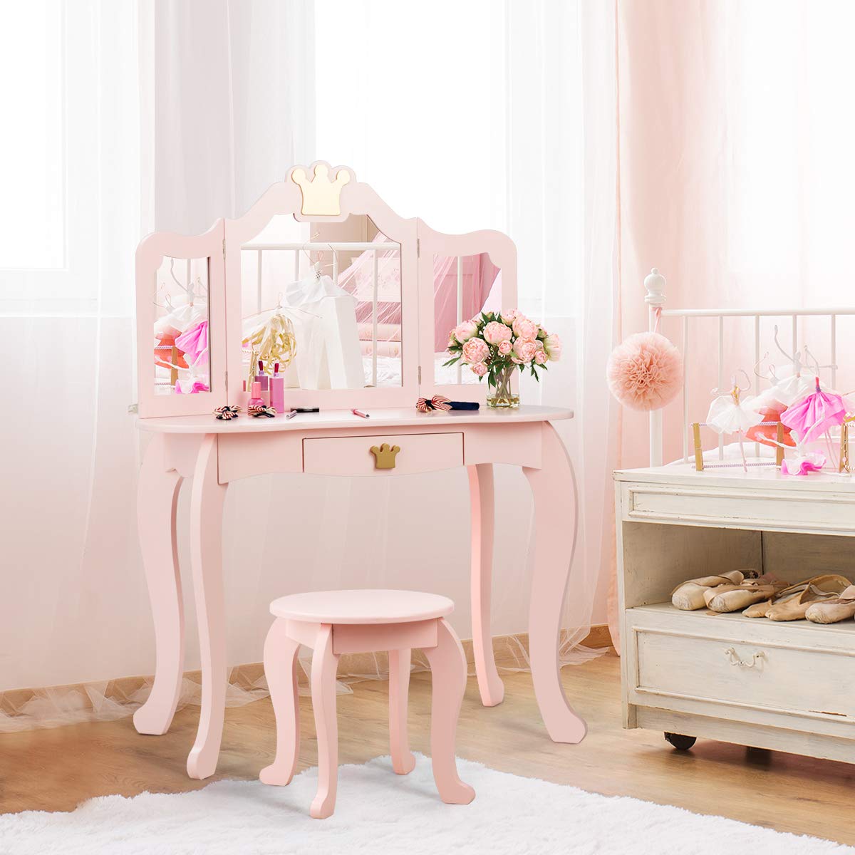 RELAX4LIFE Tavolo Toeletta Trucco per Bambini, Set Mobile 2 in 1 Scrivania con Cassetto e Sgabello, Specchio a 3 Lati Smontabile, Sicurezza Anti Ribaltamento, 79,7 x 42,2 x 106,2 cm (Rosa)