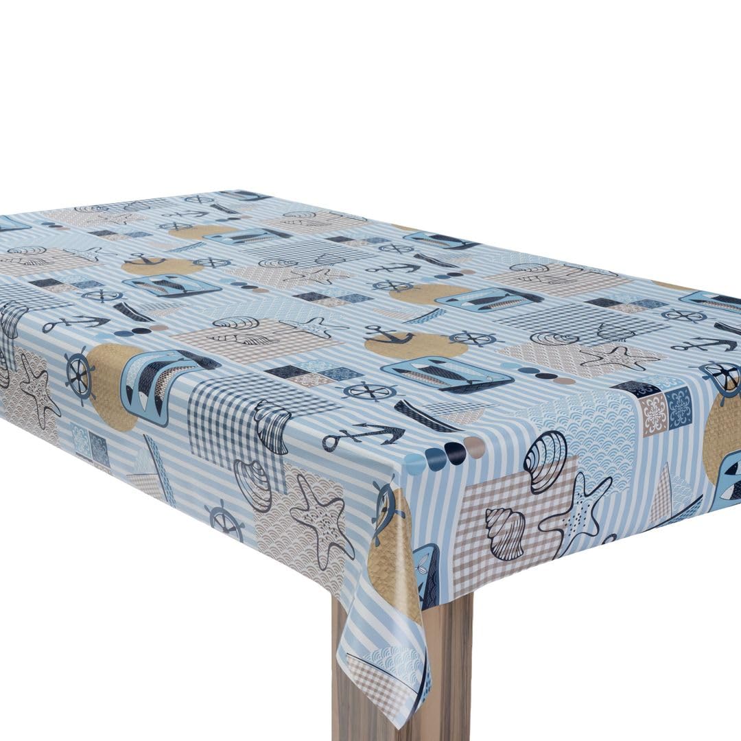 laro Wachstuchtischdecke Nautik Muster Blau Eckig PVC - Abwischbare Tischdecke als Meterware, Wasserabweisende Tischdecke für Küche, Balkon & Garten