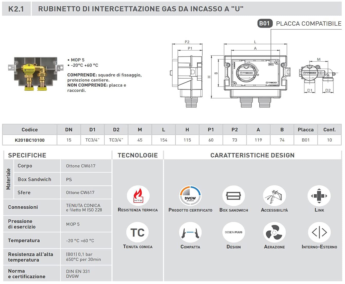 Zawór odcinający Gaz wpuszczany U mocowania od dołu Teco K2.1 przez HYDRO HOME