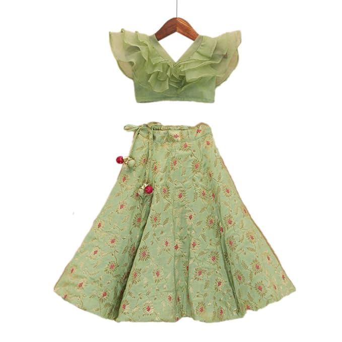 PICCOLO By Hopscotch Girls Cotton Sleeveless Floral Printed Lehengas & Blouses Set in Green Color