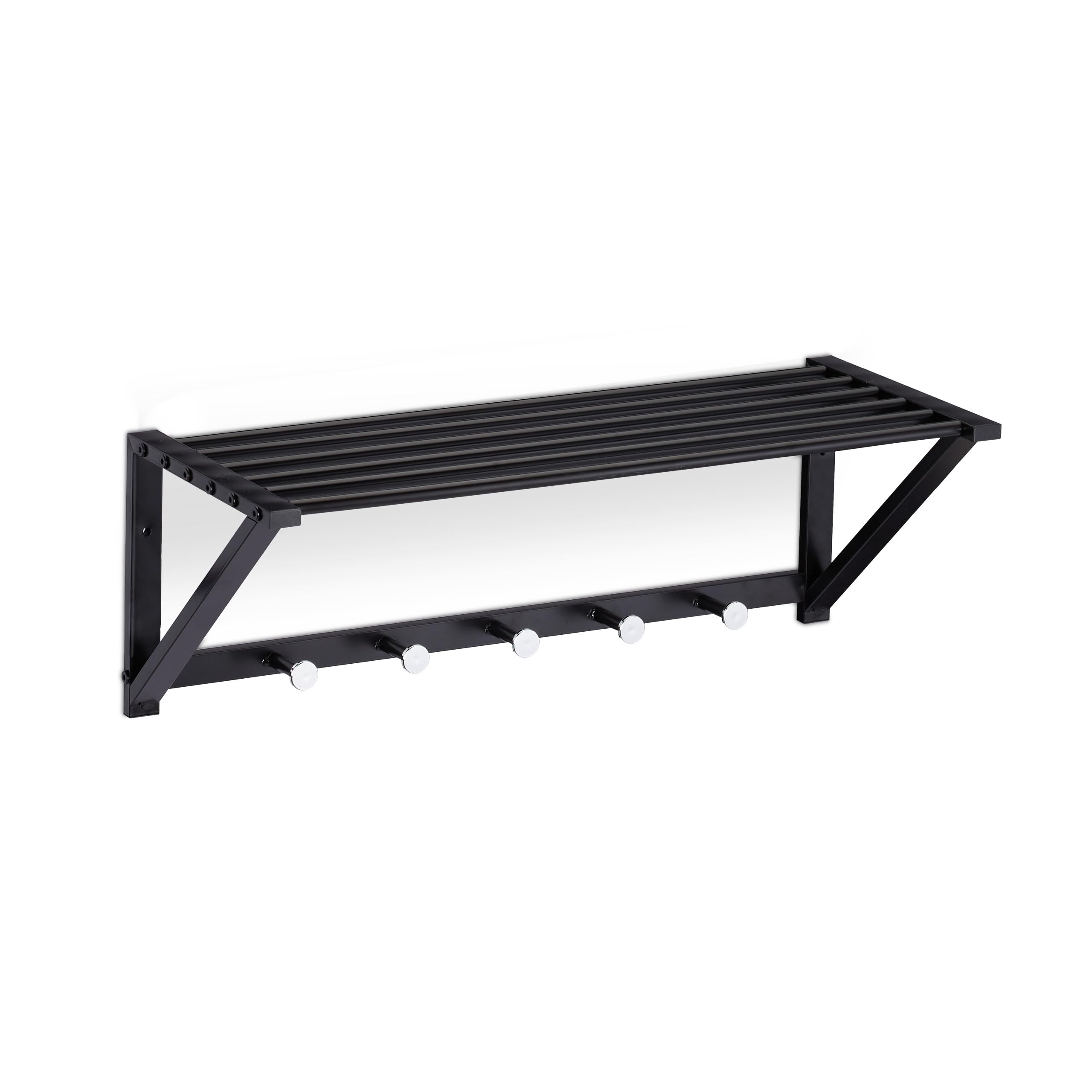 Relaxdays Perchero de Pared con Estante, Toallero con 5 Ganchos, Baño, Recibidor, Pasillo, Metal, 23 x 65 x 25 cm, Negro