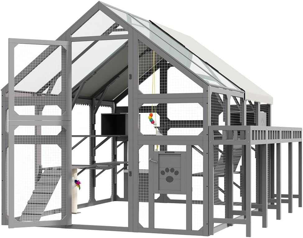 Extra Large Catio Outdoor, Walk-in Outdoor Pet House with Planter Stand and Resting Boxes Wooden Cat Enclosure with Waterproof Proof Cover and Hanging Bridge for Multiple Cat