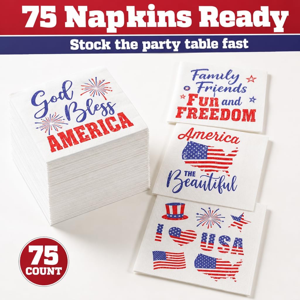 Iconikal 75 Count 4th of July Patriotic American Flag Disposable Dinner Napkins 2-Ply