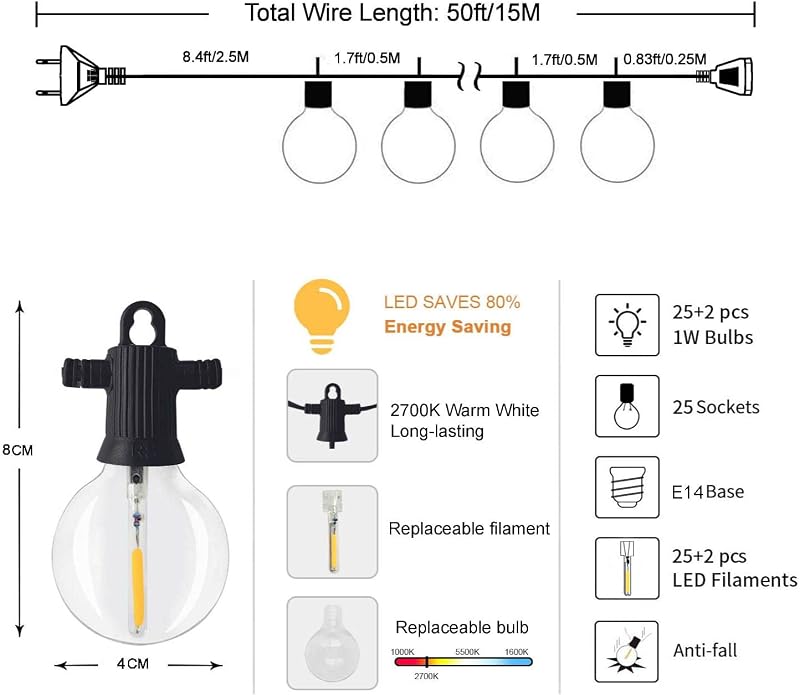 ZOTOYI Kültéri Fényfüzér 15m - 25 db G40 LED Izzóval, IP65 Vízálló, Meleg Fehér, Törésálló, Energiatakarékos Dekorációs Világítás Esküvőre,