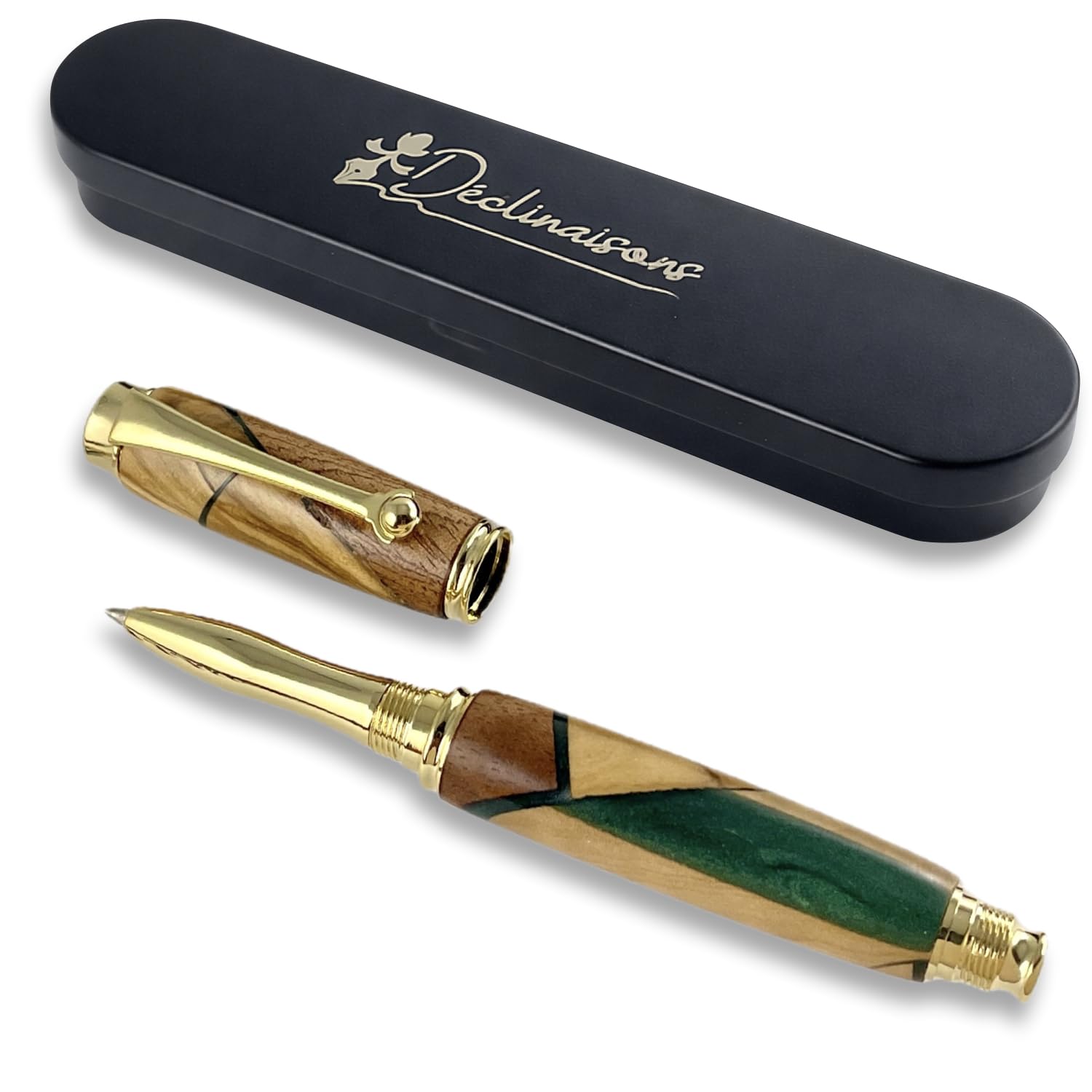 Stylo Roller Premium Bois Précieux et Résine verte, Fabriqué à la Main en France, Stylo Personnalisé avec Gravure, Livré avec boîte Métal | Cadeau Noel, Enseignante