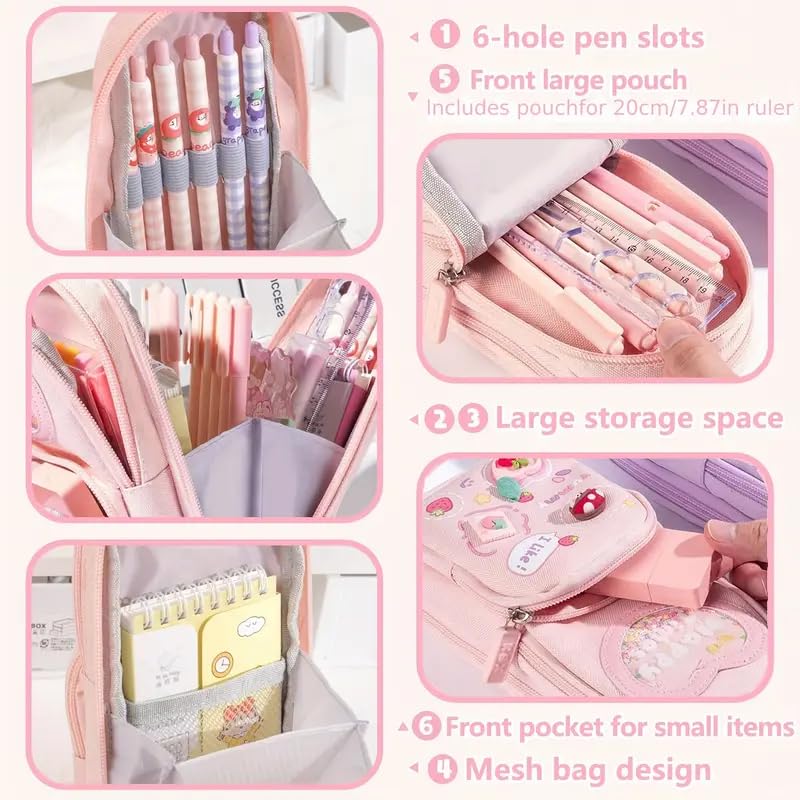 Image of Invite Kawaii 3 Compartment Pencil Case - Aesthetic, Large Capacity Pen Pouch for Girls - Multifunctional Stationery Organizer for School【Happy Time Combo】【Pack of 2】