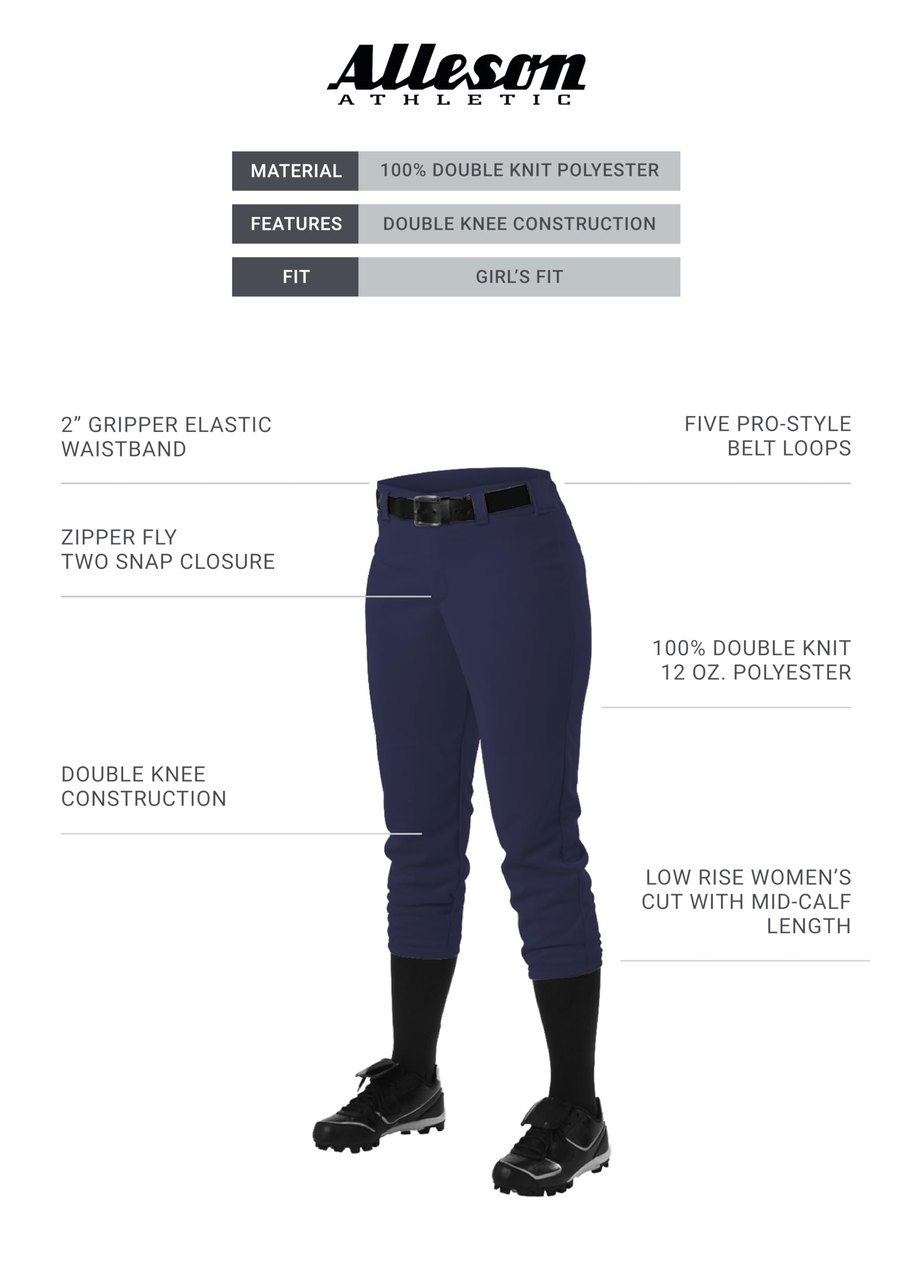 Alleson Athletic Girls Belt Loop Fastpitch Pant, Navy, Medium