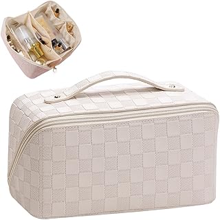 Large Capacity Travel Cosmetic Bag, Travel Makeup Bag, Checkered Makeup Bag Open Flat Toiletry Bag Leather Waterproof Flat Lay Makeup Organizer Bag with Handle and Divider for Women