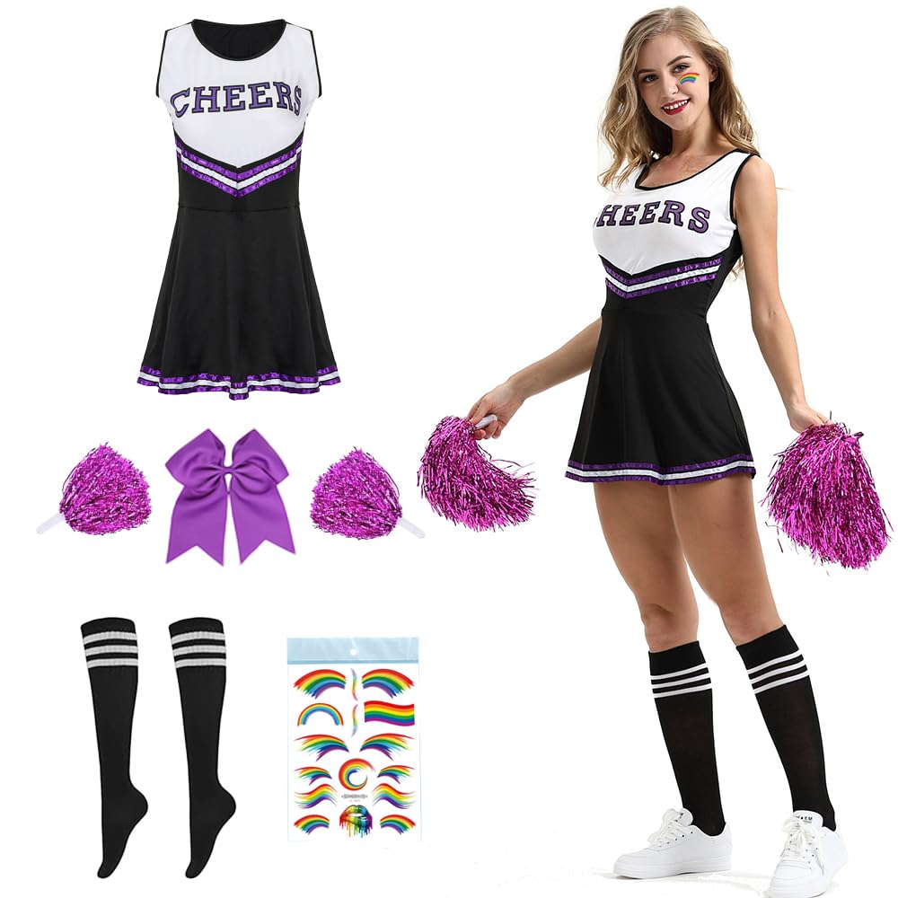 Adult Women's Cheerleader Costume, Cheerleader Costume for Women, Size S, Cheerleader Uniform, with Pompoms and Socks, Carnival Costume for Halloween and Fancy Party