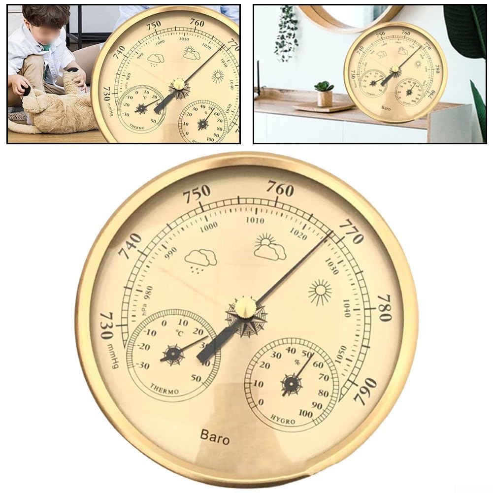Zilimontt Barometro analogico con termometro e igrometro, stazione meteo 3 in 1 per interni ed esterni, telaio in acciaio inossidabile (oro), design orientato all'utente per una facile lettura