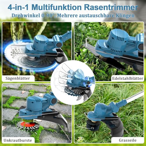 Rasentrimmer für Makita-Akkus mit 4 Klingentypen, Rasentrimmer mit Akku 2 4,0Ah und Unkrautbürste, 180° Faltbar, 750w Bürstenloser Akku Freischneider für Garten Trimming, Blau 4