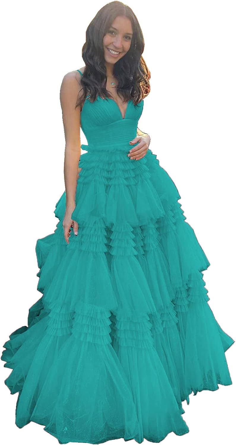 Women's Tulle Spaghetti Straps A-Line Long Prom Dresses Elegant V Neck Floor Length Evening Dress
