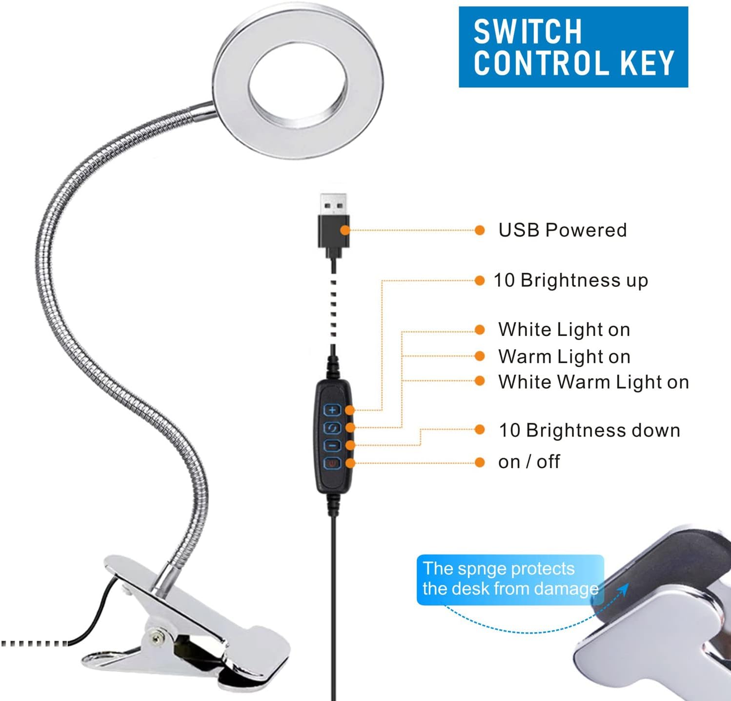 KNAMKY USB LED Desk Lamp Clip On Reading Light, 3 Light Modes & 10 Dimmable Brightness Eye Caring Book Lamp - Image 4