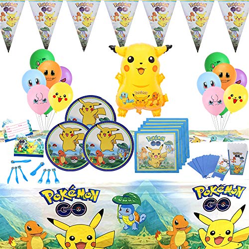 Geenber Pokemon Pikachu Party Supplies Set 81 Pack Kit Vaisselle Fête d'anniversaire avec Ballons Bannière Décorations Complète Fournitures De Fête De Célébration pour 10 Enfants Enfants