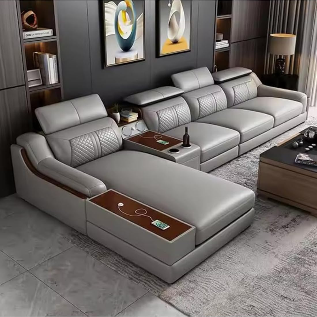 Taxzek Modern L-Shaped Sectional Sofa, Grey Leather, 6-Seater with Built-in Speakers, Storage Console, Quilted Backrest-image-17