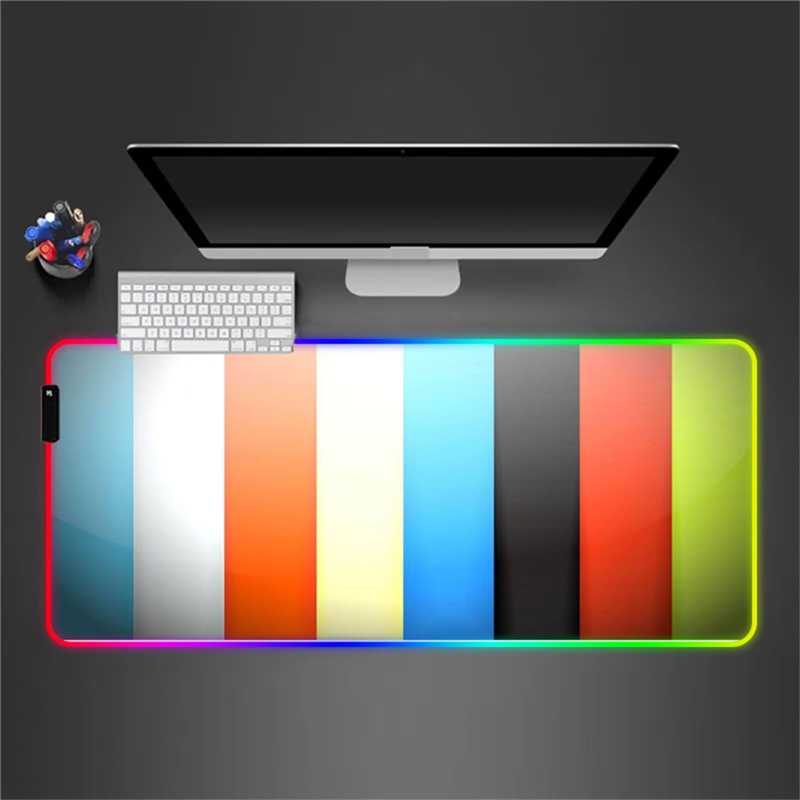 Tapis de Souris RGB Orange Bleu XXL Grand 900x400x4mm 7 Couleurs 14 Modes D'éclairage Tapis de Souris de Jeu LED avec Base en Caoutchouc Antidérapant pour Clavier PC
