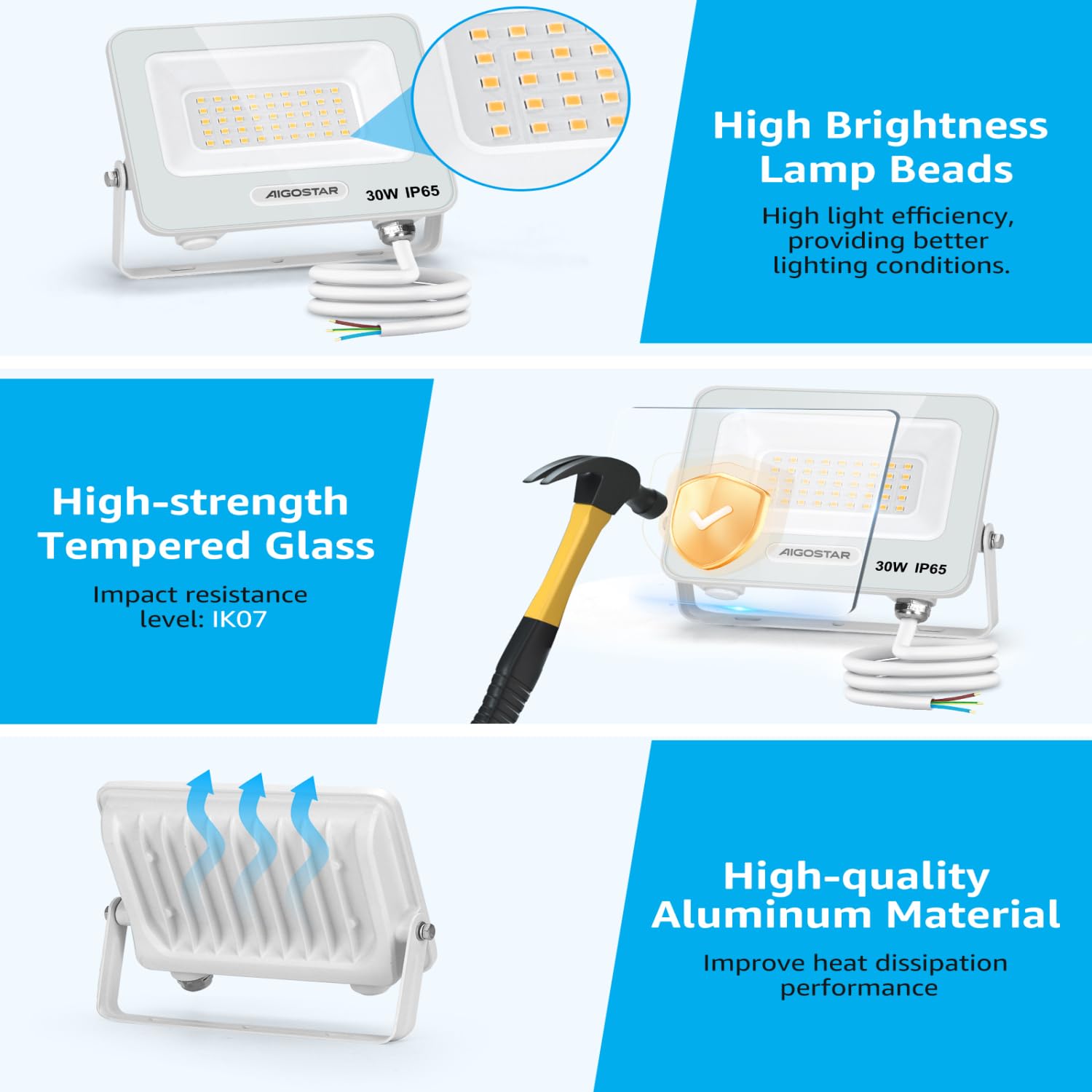 Aigostar Foco LED Exterior 30w, 2450LM Foco Proyector LED, IP65 Impermeable Luz de Seguridad, Natural 4000K Luces exterior, Para Jardín, Patio, Garaje, Paquete de 10