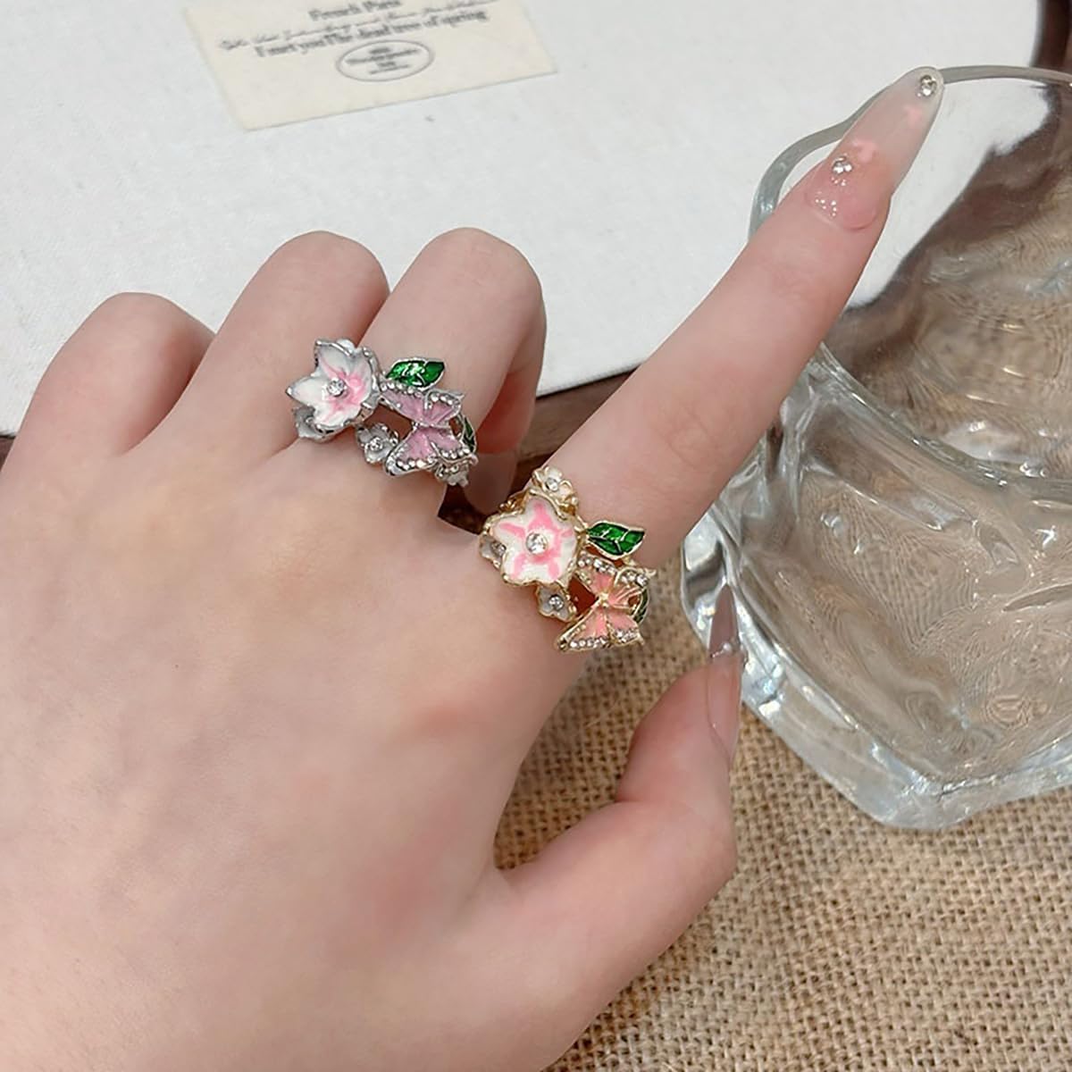 Butterfly Flower Ring for Women Enamel Flower Butterfly Finger Ring with Adjustable Opening Pink Ring Sparkling Fashion Flower Ring Christmas Birthday Party Prom Clothing Jewelry - Image 2