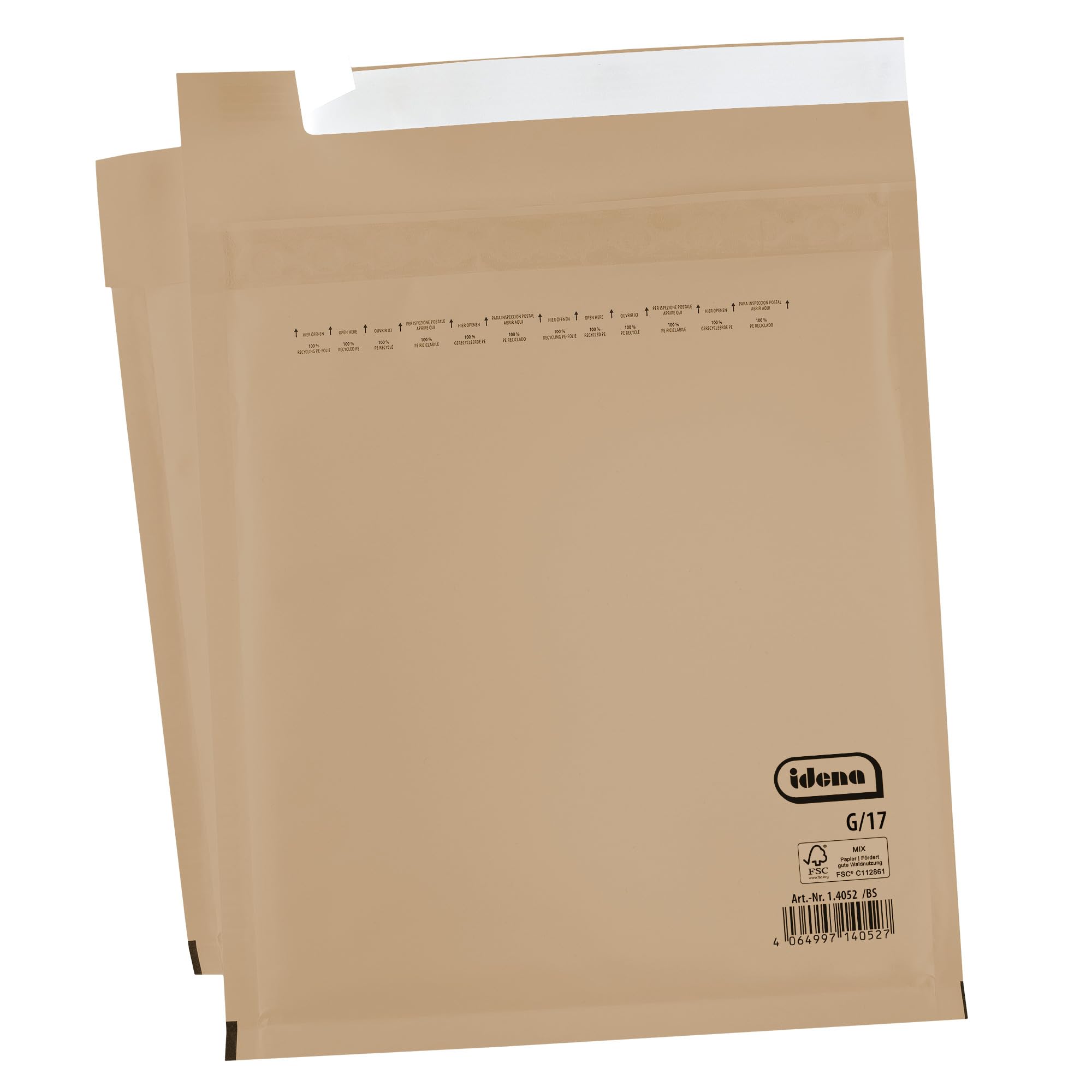 Idena 90579 - Enveloppes matelassées G/17, 100 pièces de 25 x 34,5 cm, enveloppes d'expédition autocollantes, enveloppes matelassées en papier FSC-Mix, couleur marron
