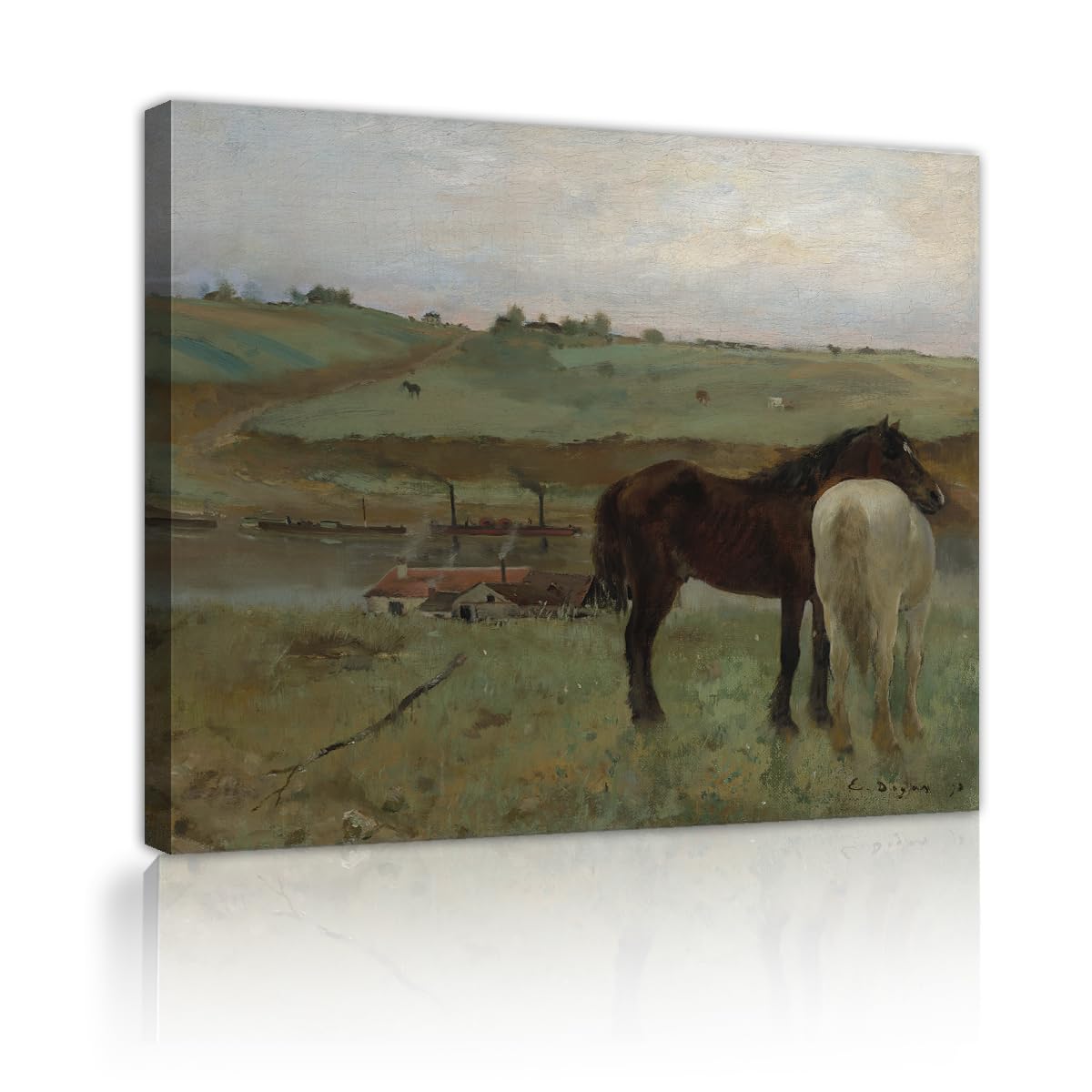 TOANGWALL Edgar Degas Horses In A Meadow Canvas Wall Art Corridor Countryside Animal Farm River Landscape Textured Giclee Print For Library Decor 40x50cm