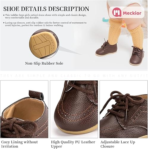 Vista 4 de Meckior Mocasines clásicos de piel sintética para bebés, niños y niñas, zapatos de vestir Oxford para primeros pasos, zapatos planos para cuna