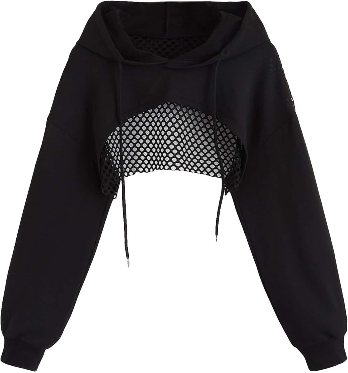 Remidoo Women’s Fishnet Super Crop Hoodies Drawstring Long Sleeve Loose Fit Pullover Sweatshirt